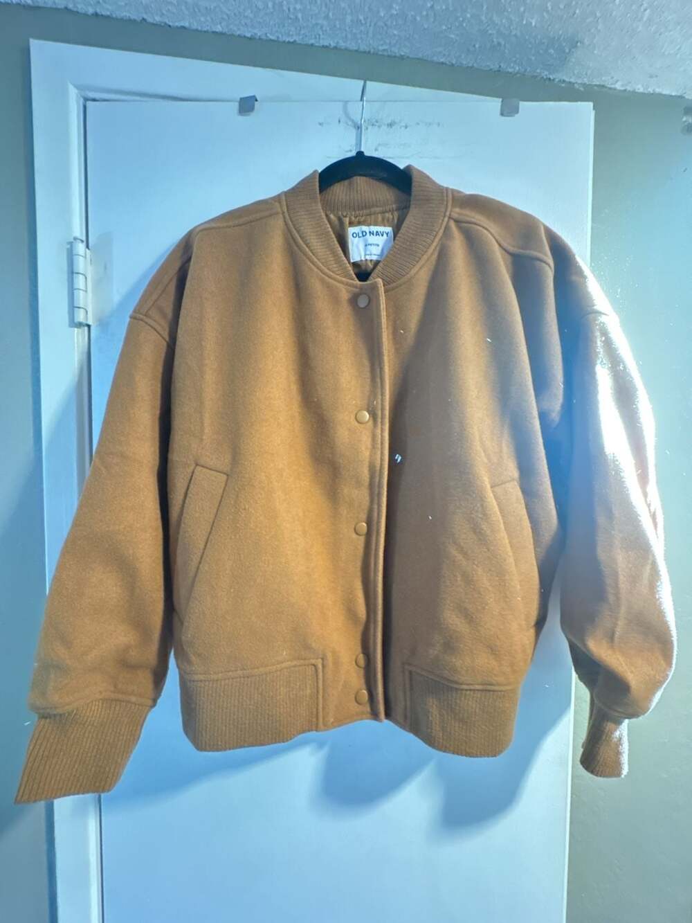 Old Navy Bomber Jacket M Petite Tan Wool Blend Varsity Coat